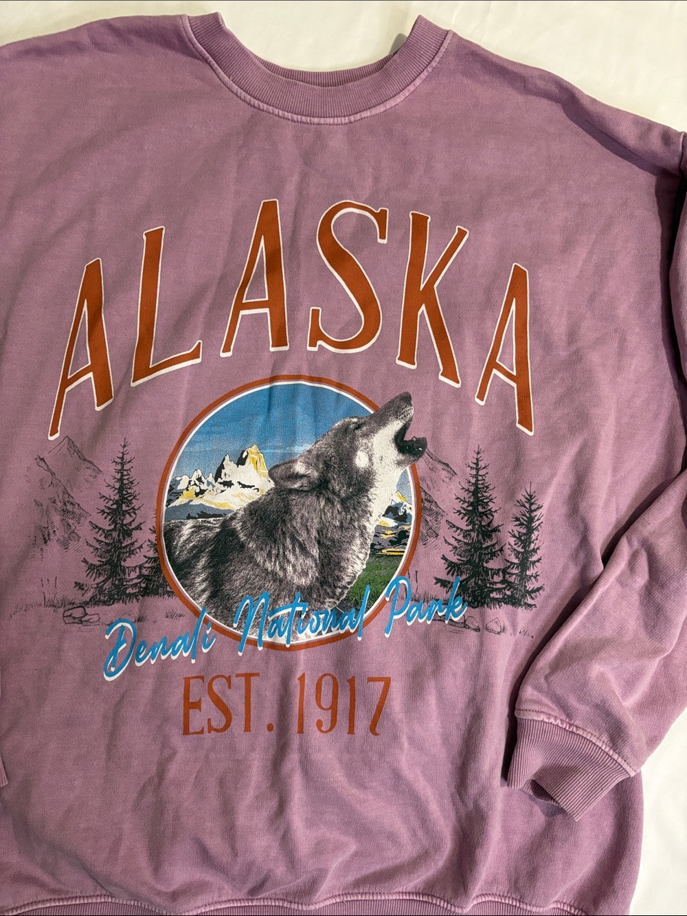Denali National Park Alaska Howling Wolf Oversized Graphic Crewneck Sweatshirt L